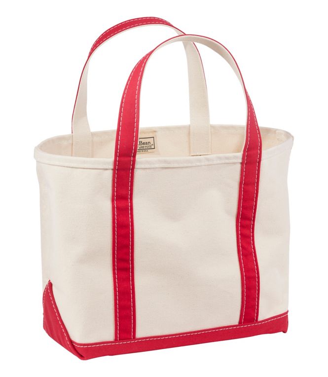 Beige tote bag with red accents on a white background