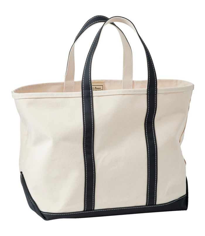 White tote bag with black accents on a white background