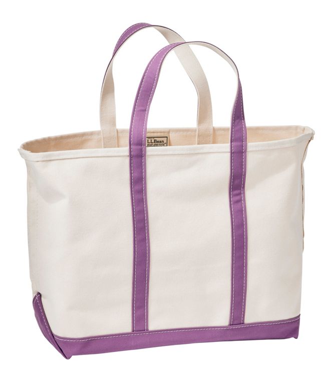 White tote bag with purple accents on a white background