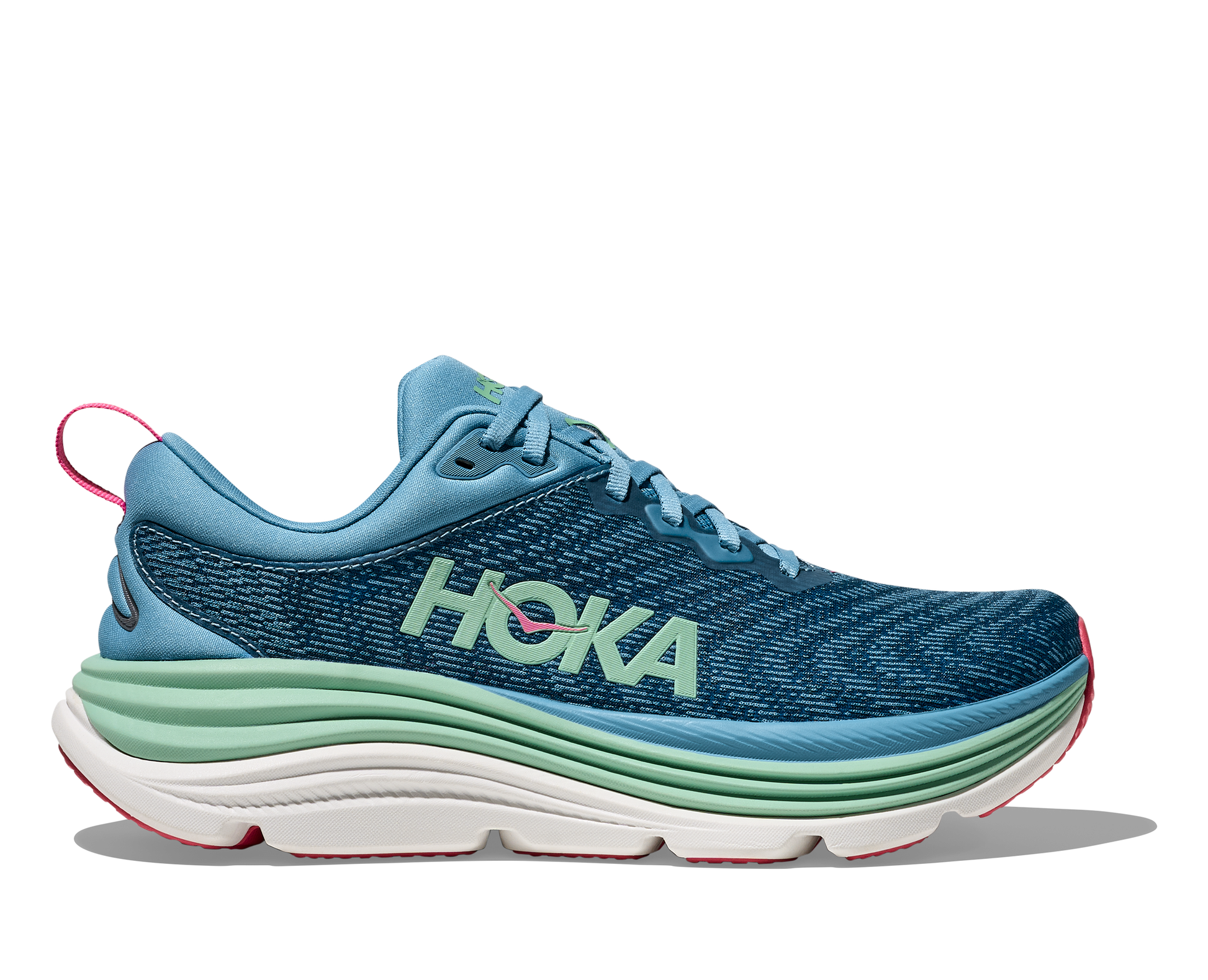 Blue running shoe with 'Hoka' branding on a white background