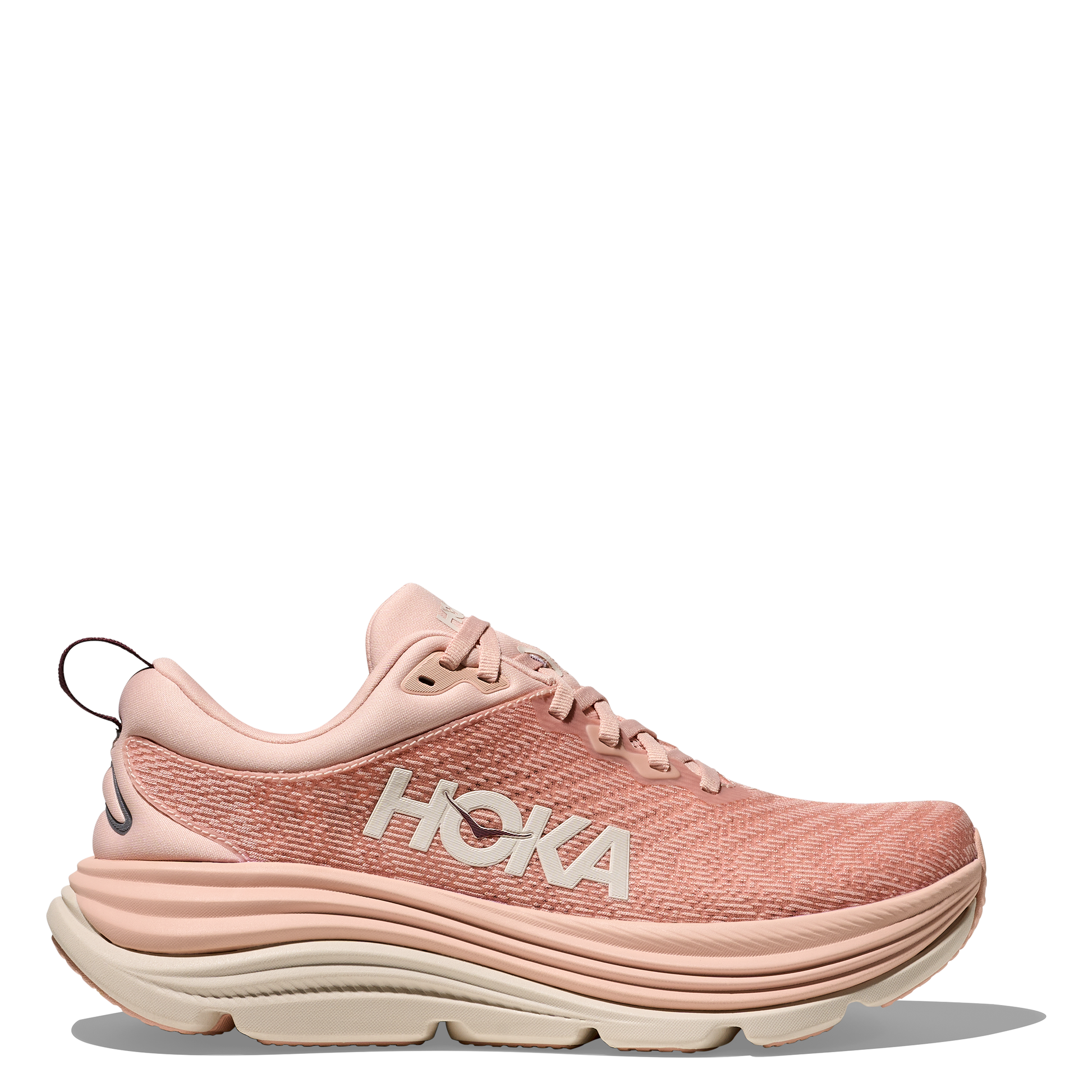 Pink running shoe with 'Hoka' branding on a white background