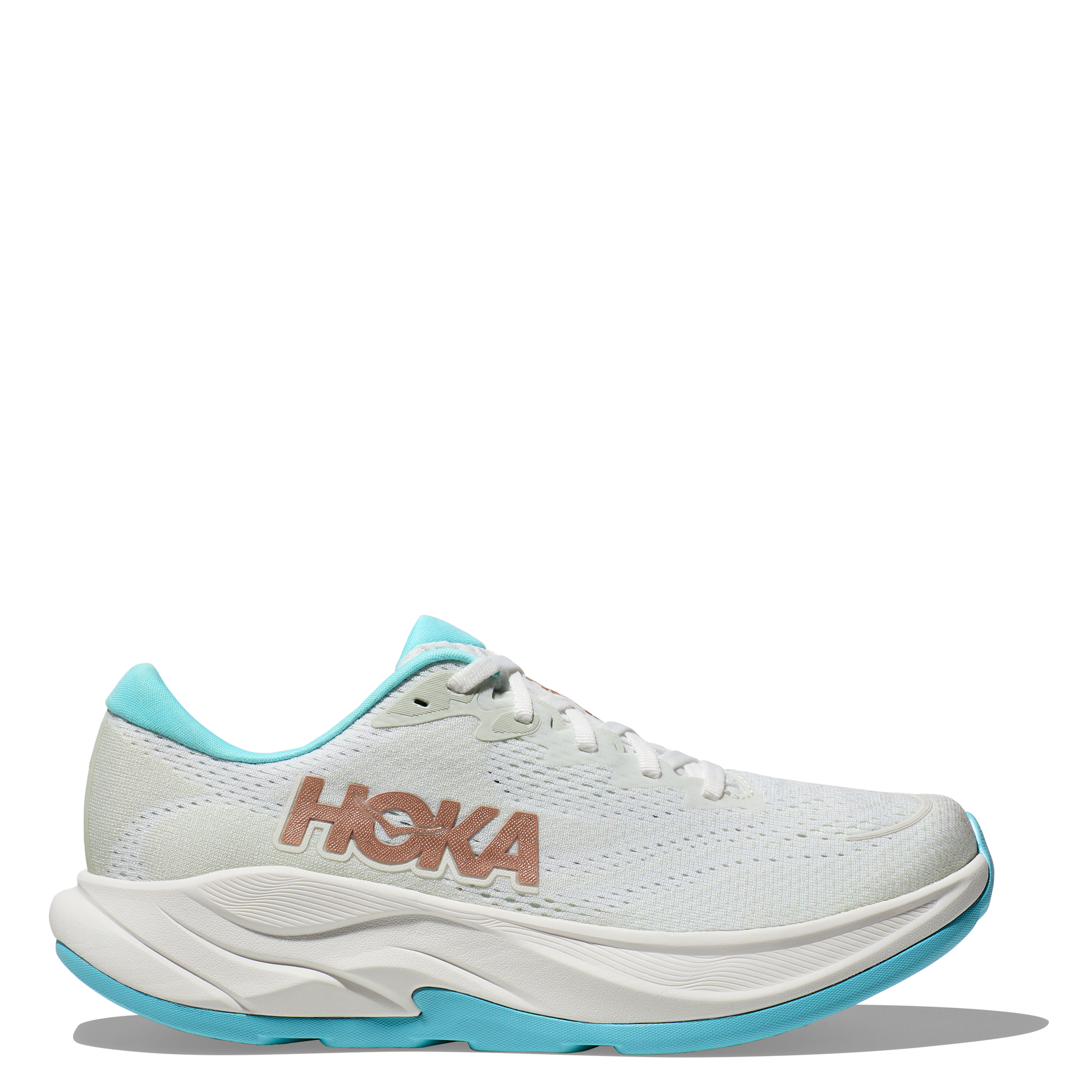 White running shoe with blue accents and 'Hoka' branding on a white background