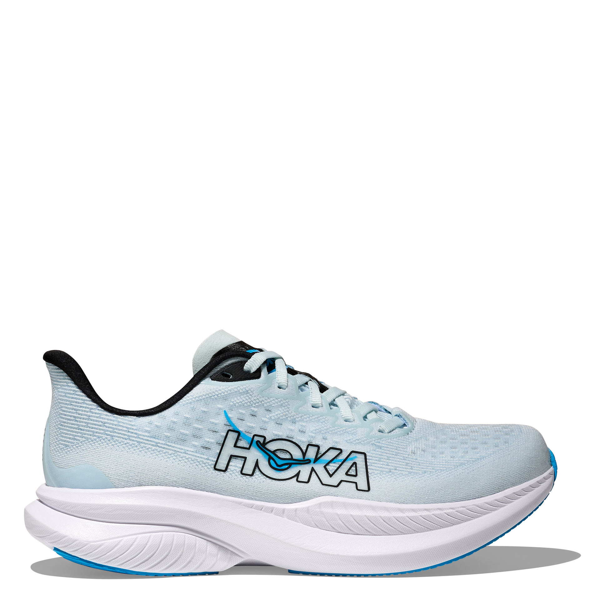 Light blue running shoe with black and white accents on a white background