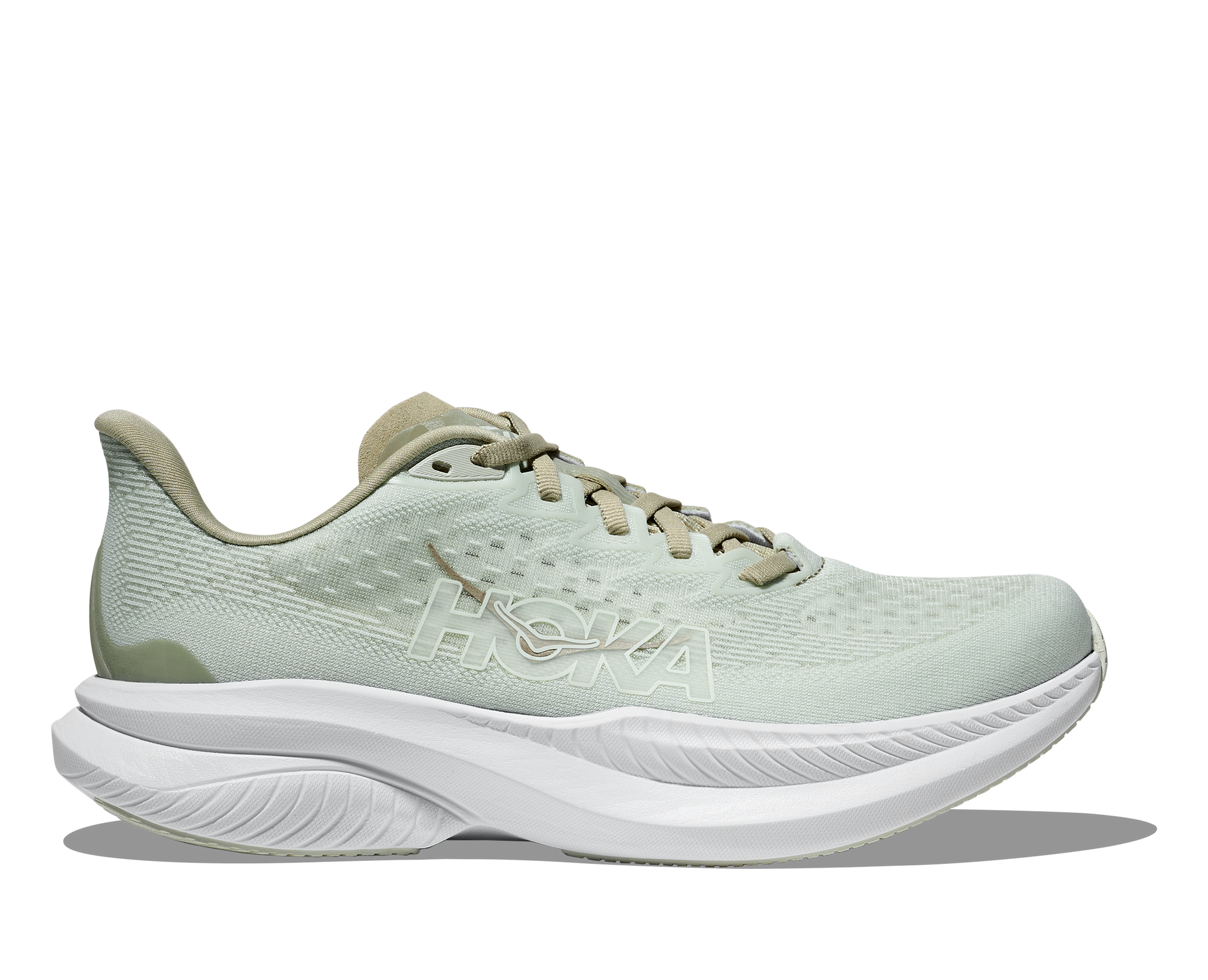 Light green running shoe with white sole on a white background