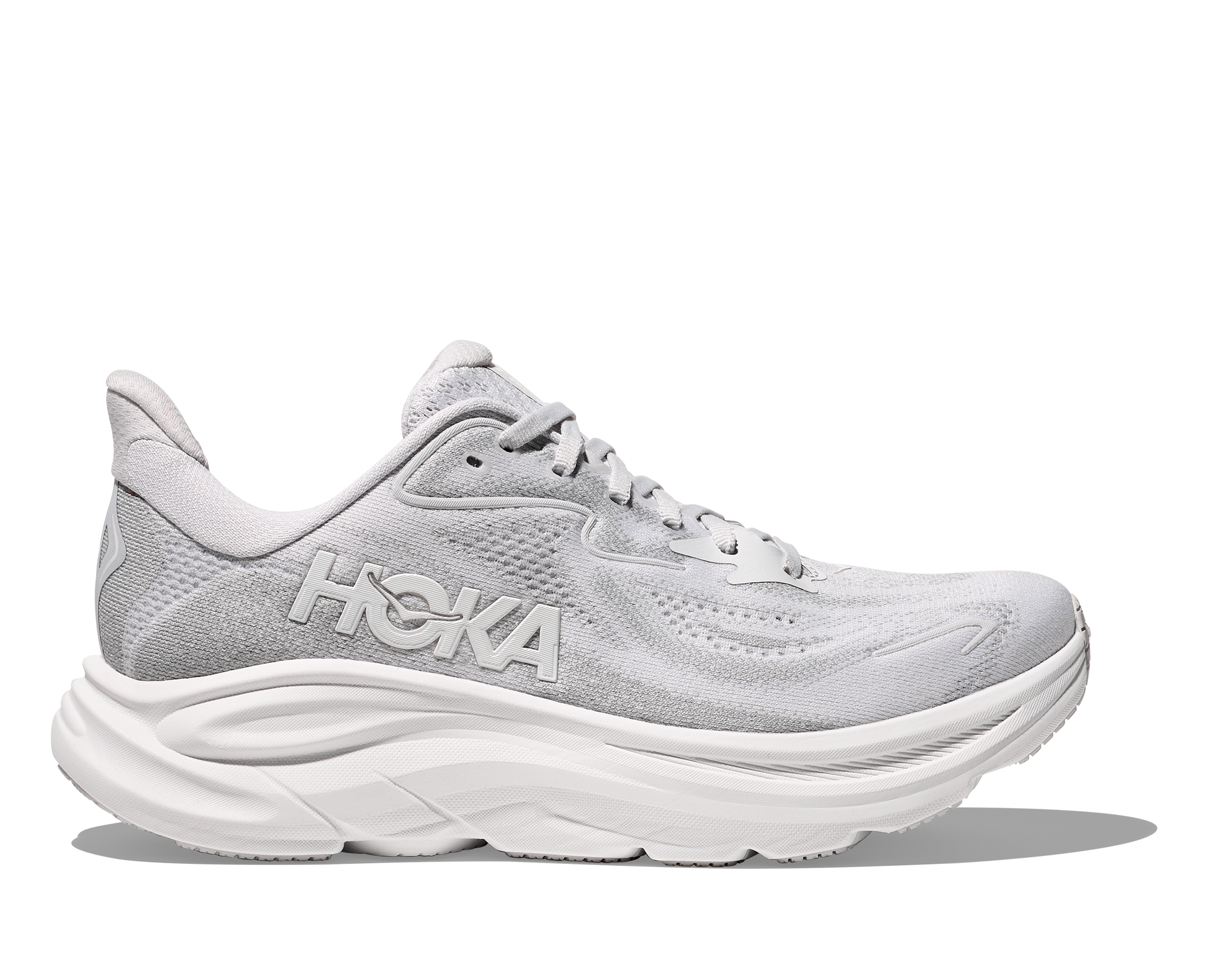 Gray running shoe with white sole on a white background