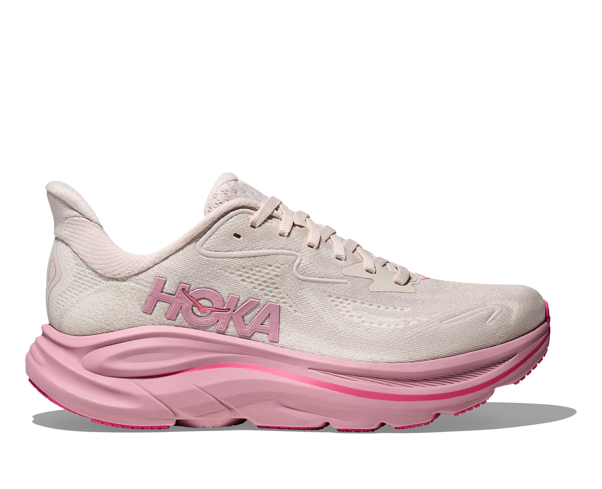 Pink Hoka running shoe on a white background