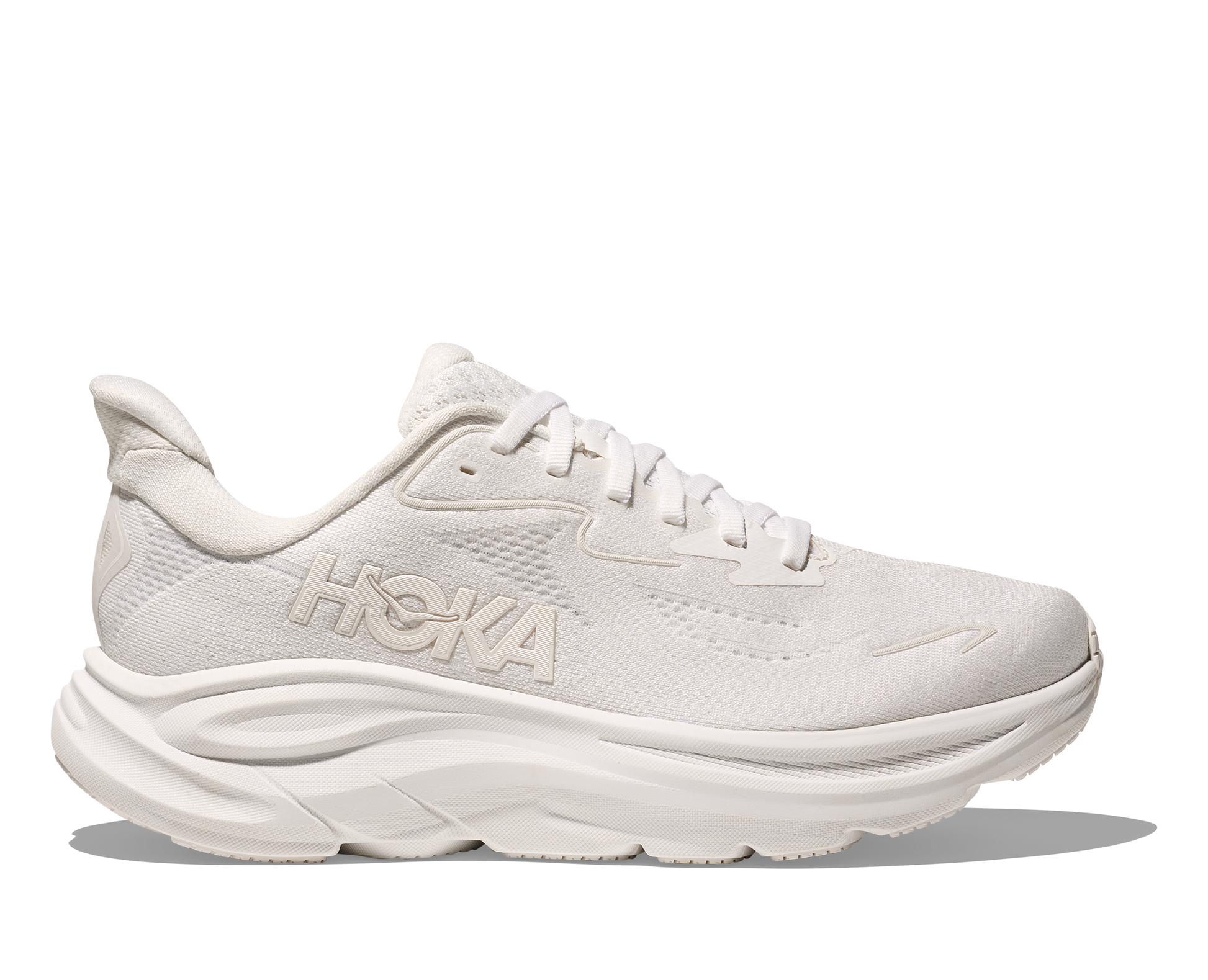 White Hoka running shoe on a white background
