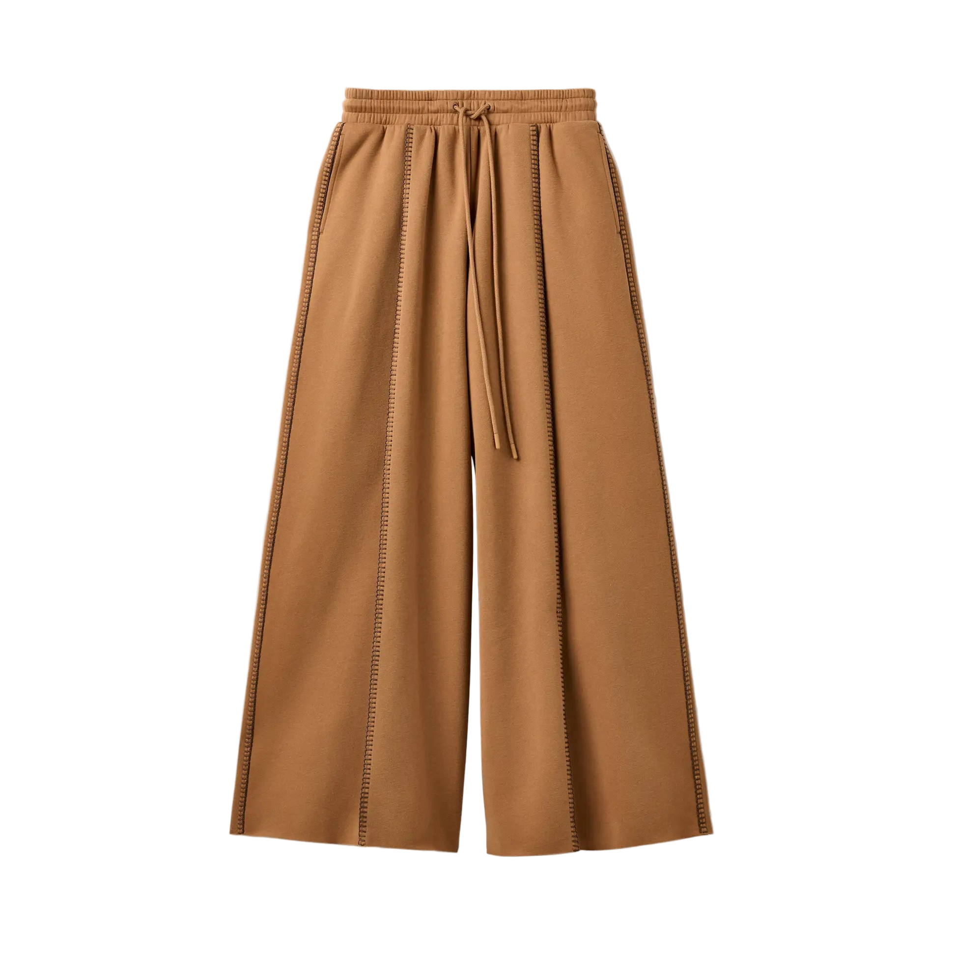 Brown wide-leg pants with a drawstring on a white background