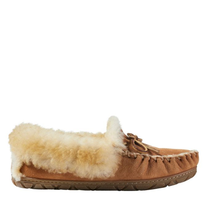 Brown moccasin slipper with fur trim on a white background