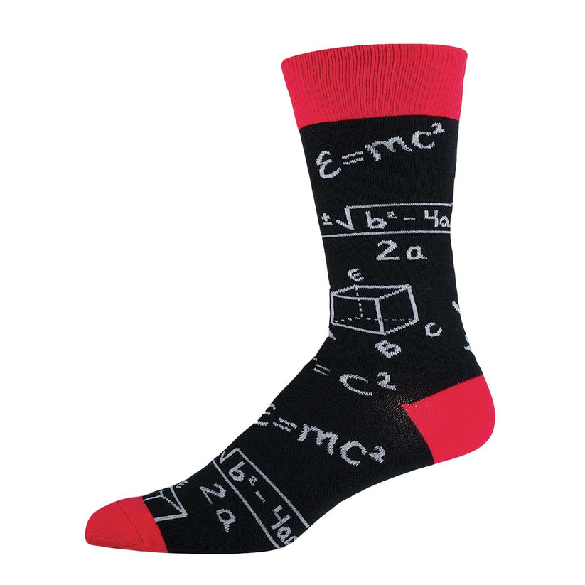 Black sock with mathematical equations and red accents on a white background