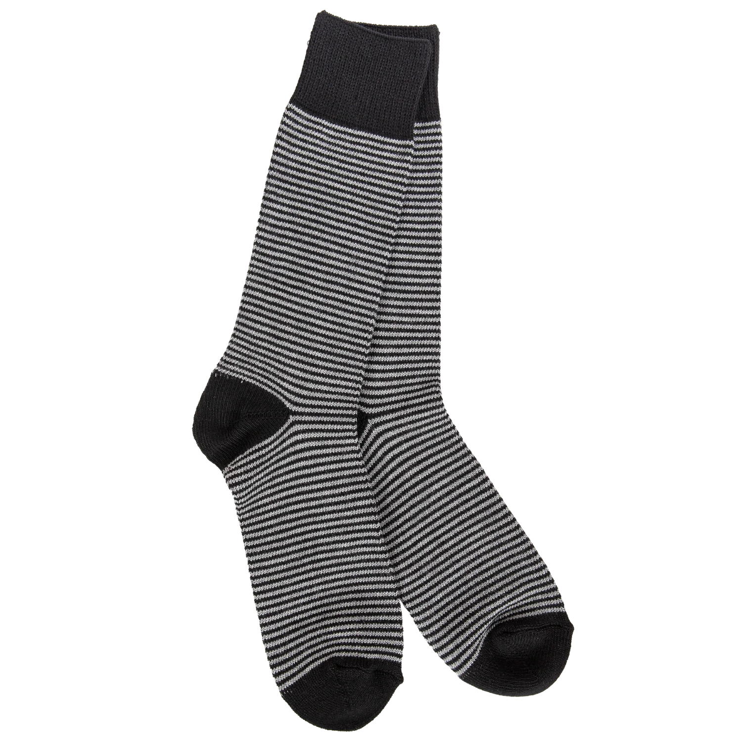A pair of crew socks with thin horizontal black and white stripes, featuring solid black heels, toes, and ribbed cuffs, displayed against a plain white background.