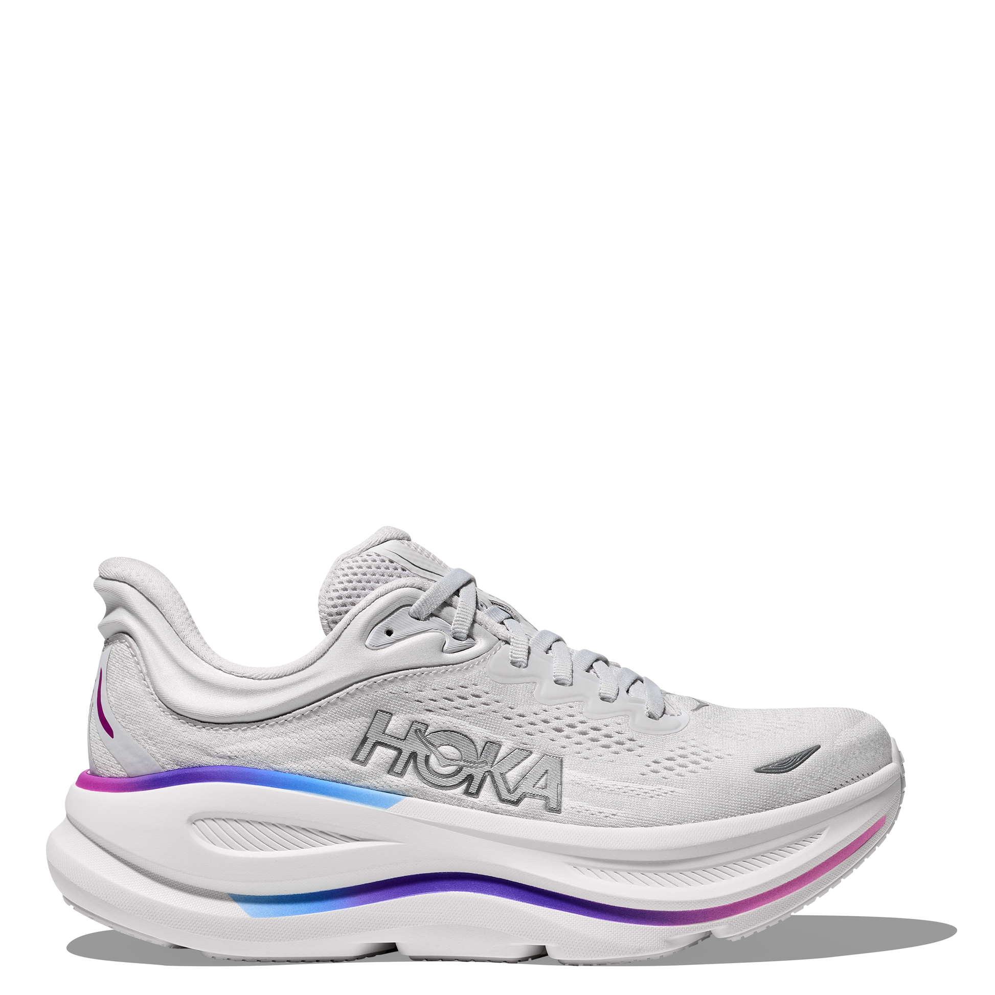 A white Hoka Bondi 9 running shoe with a multicolor accent on the sole.