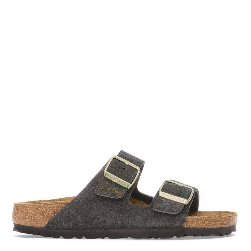 Black sandal with cork sole on a white background