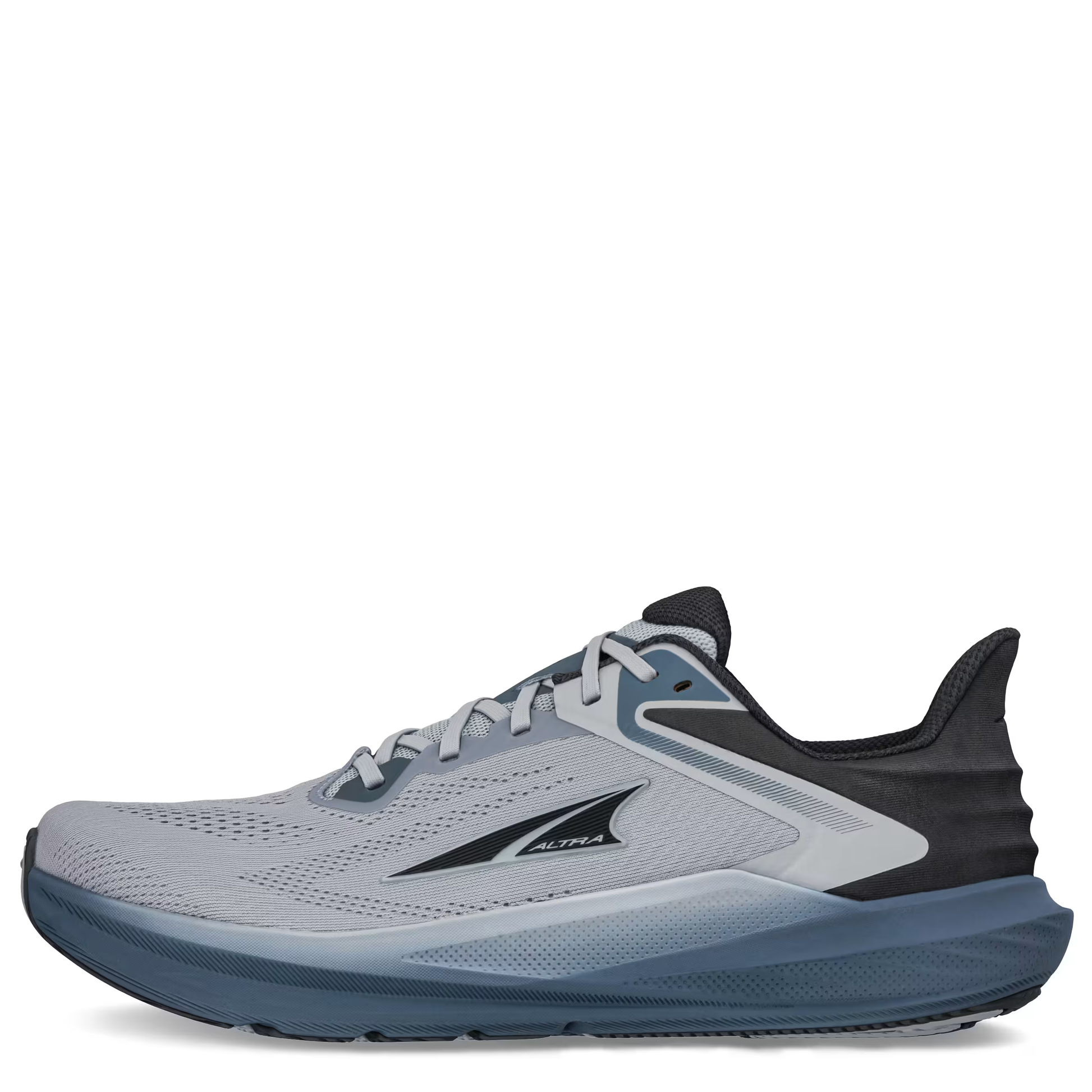 A pair of men's Altra Torin 8 running shoes in gray, blue, and black colors, featuring a mesh upper and a stable sole.