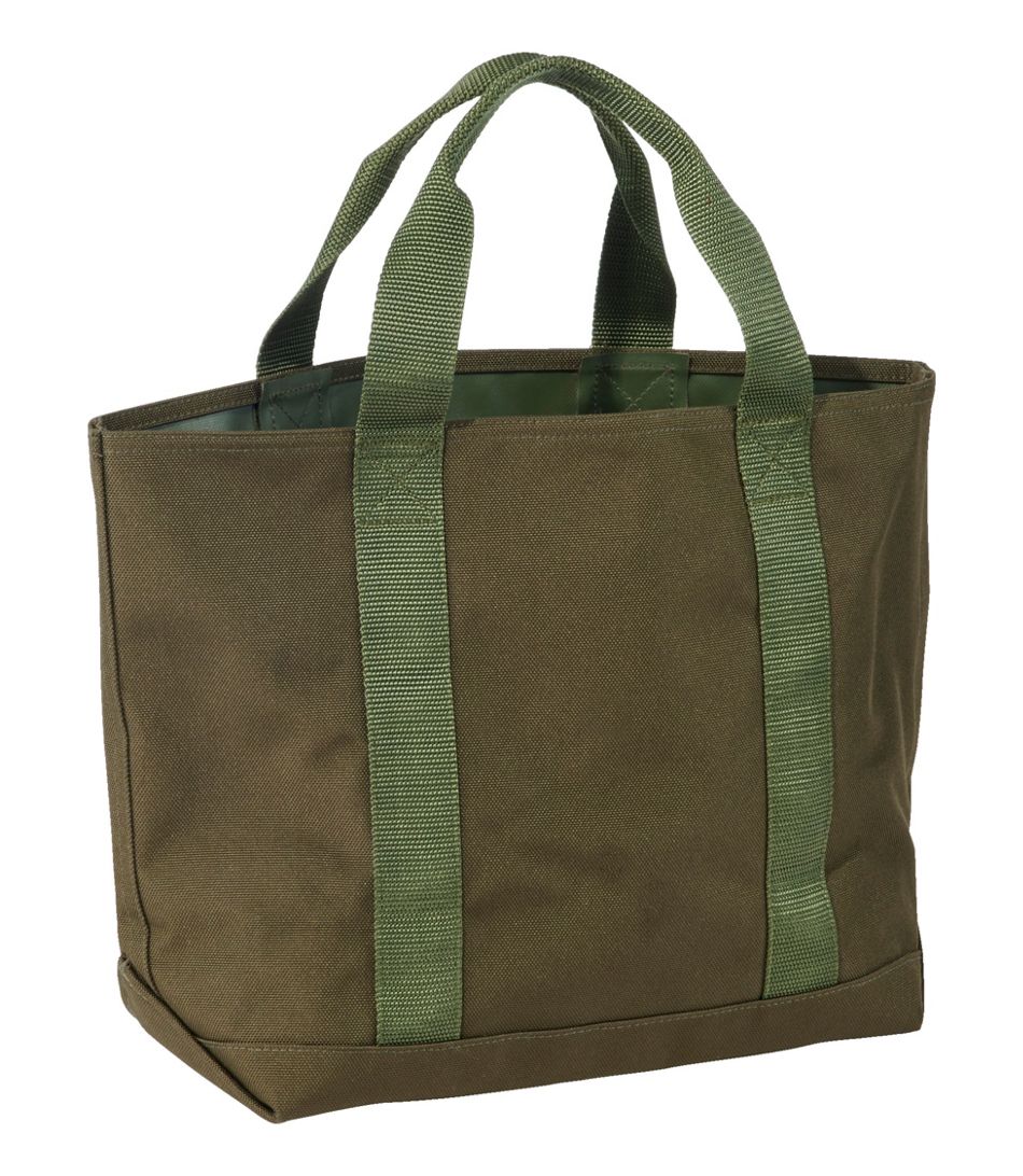 Brown tote bag with green handles on a white background