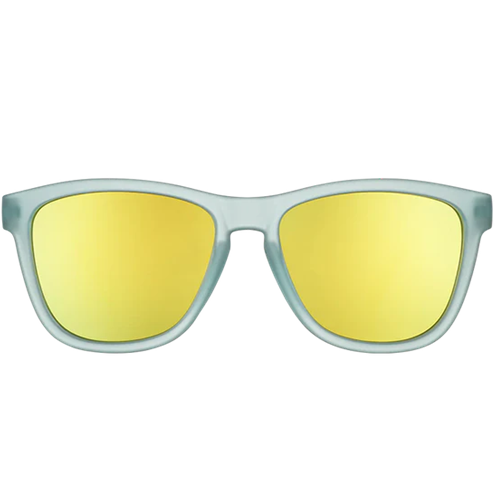 Sunglasses with yellow lenses and light blue frame on a white background