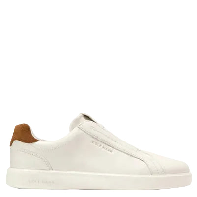 White slip-on sneaker with brown accents on a white background
