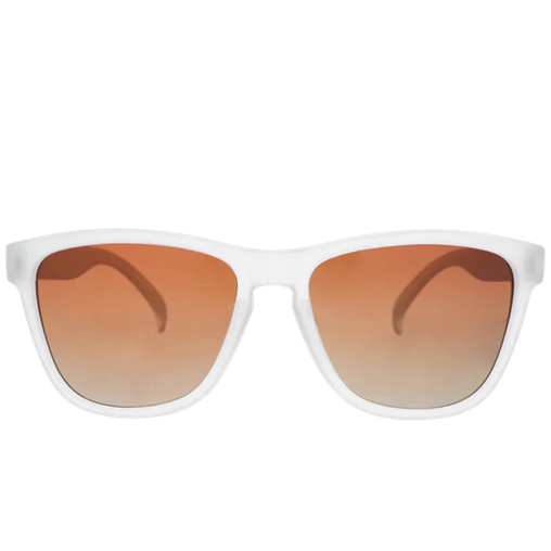 Sunglasses with white frame and orange gradient lenses on a white background