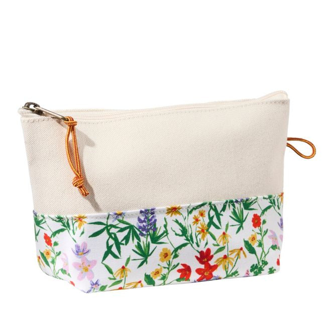 Canvas pouch with floral patterned flap on a white background