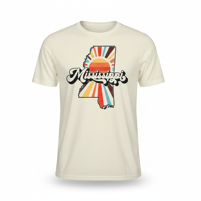 Beige t-shirt with a graphic design of a state outline and sunset on a white background