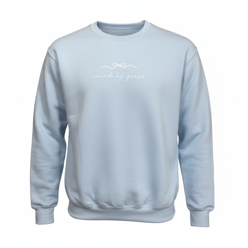 Light blue sweatshirt with text on a white background