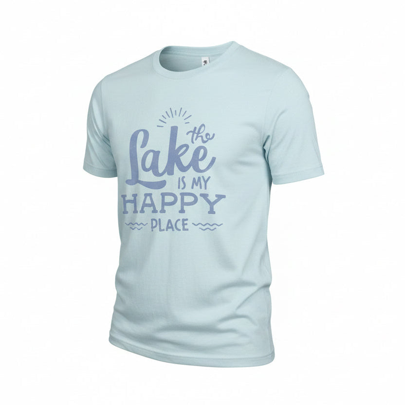 Light blue t-shirt with 'the lake is my happy place' text on a white background