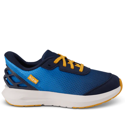Blue running shoe with yellow accents on a white background