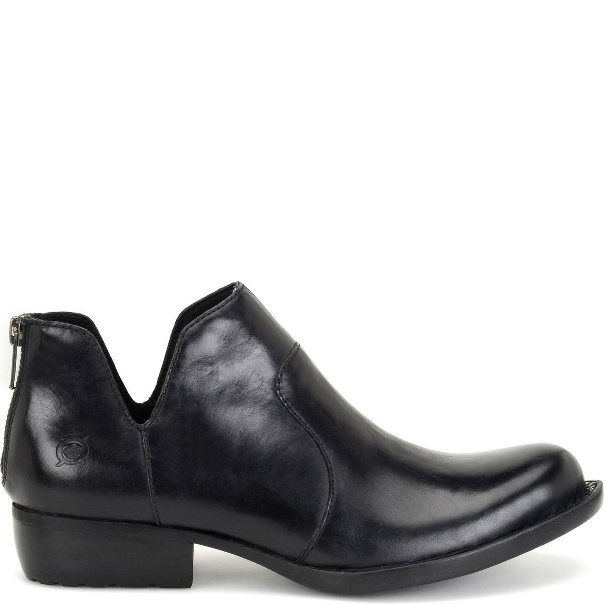 A black leather ankle boot with a low block heel, shown in a side profile view against a plain white background.
