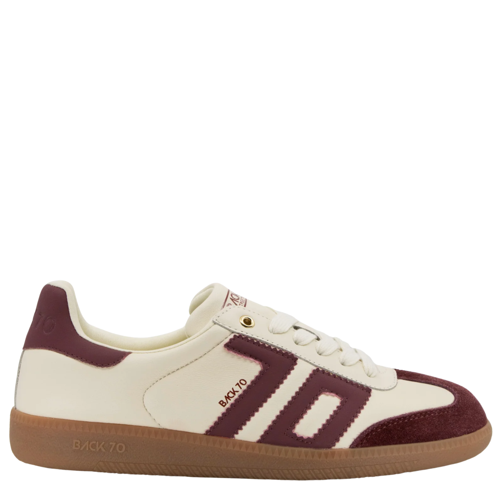 Maroon and white sneaker with 'Bacca Bucci' branding on a white background
