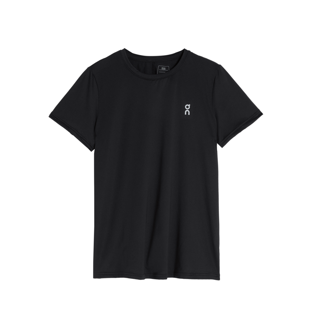 A black crew-neck t-shirt with a small brand logo on the chest.