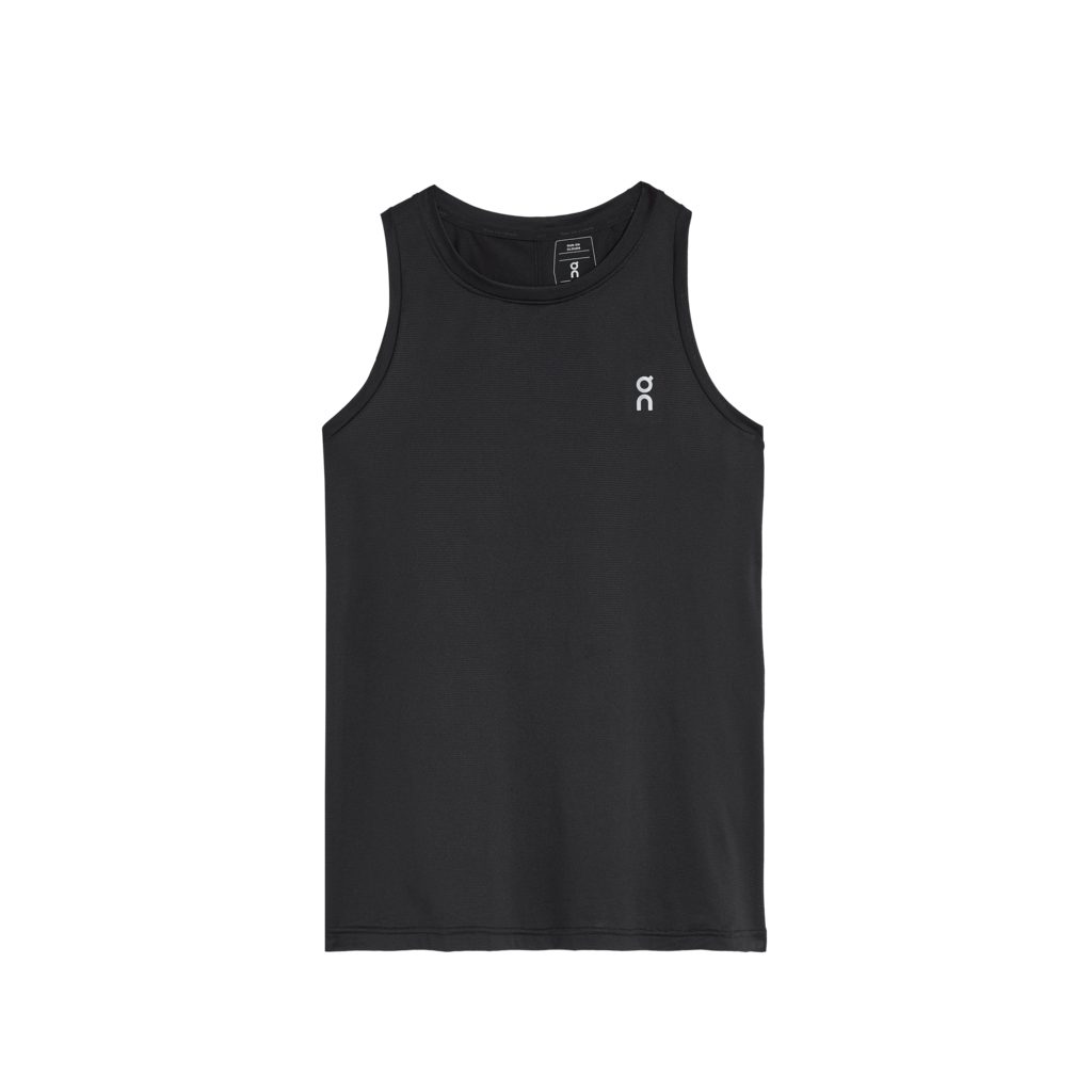 A black sleeveless women's tank top with a small brand logo on the chest.