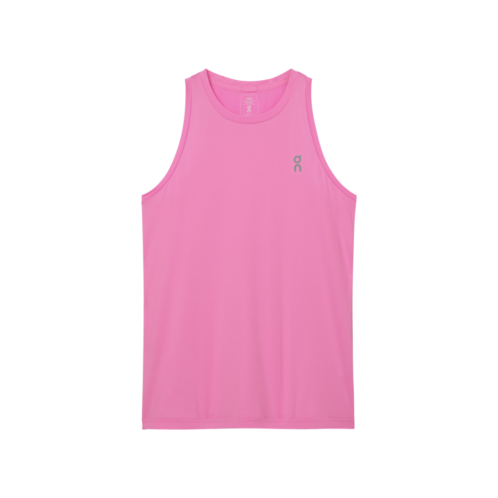 A pink sleeveless women's tank top with a round neckline and a small brand logo on the chest.