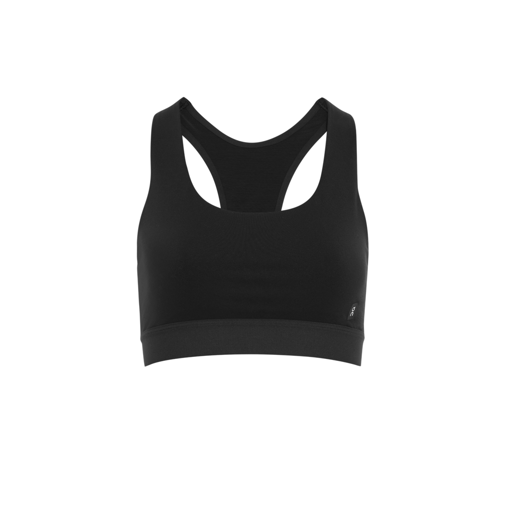 A black women's sports bra in a racerback design, hook and clasp free, with stabilized straps and an elastic underband.