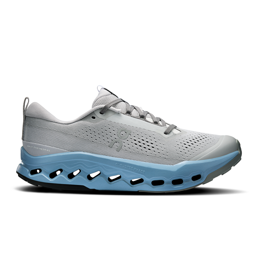 Gray and blue athletic shoe on a white background