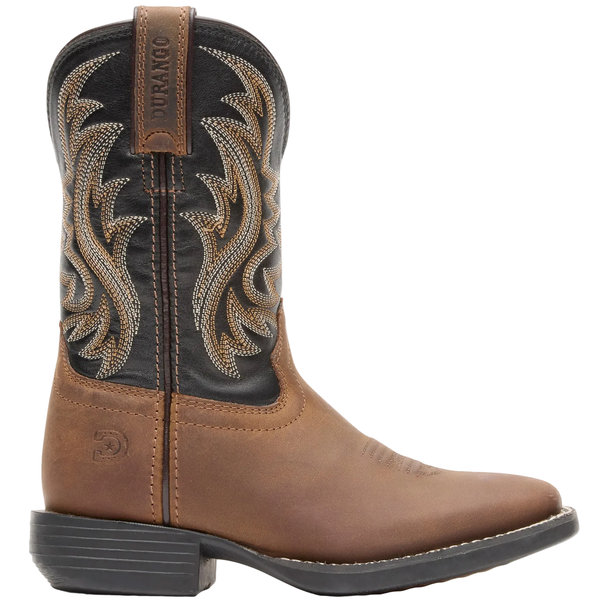 Brown and black cowboy boot with intricate stitching on a white background