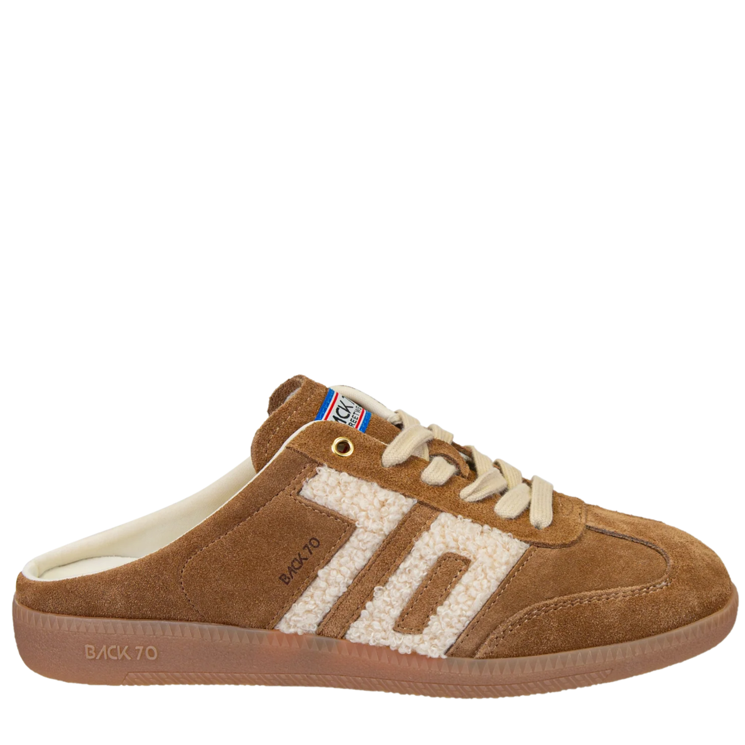 Brown slip-on sneaker with white sole on a white background