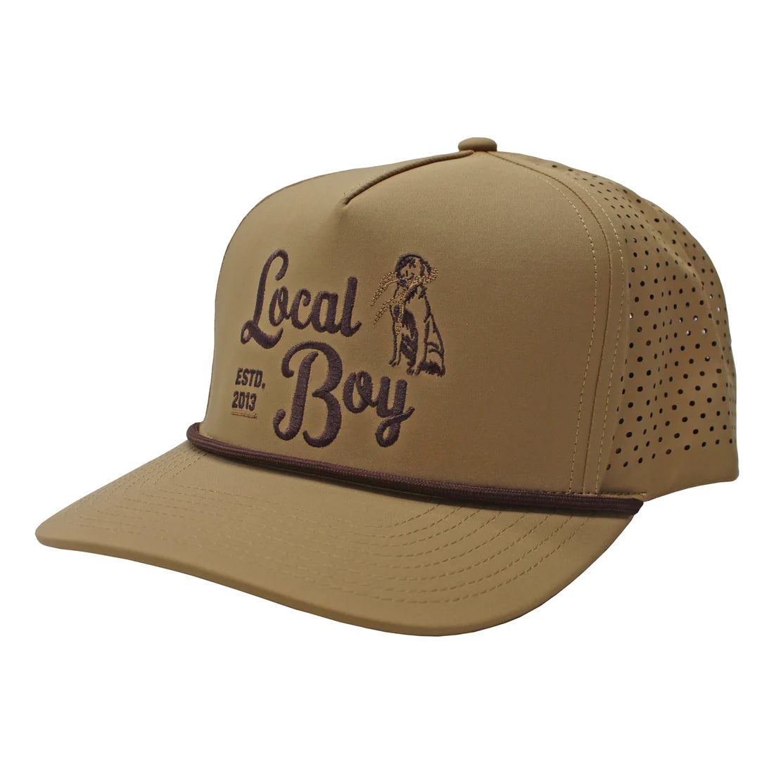 Tan baseball cap with 'Local Boy' logo on a white background