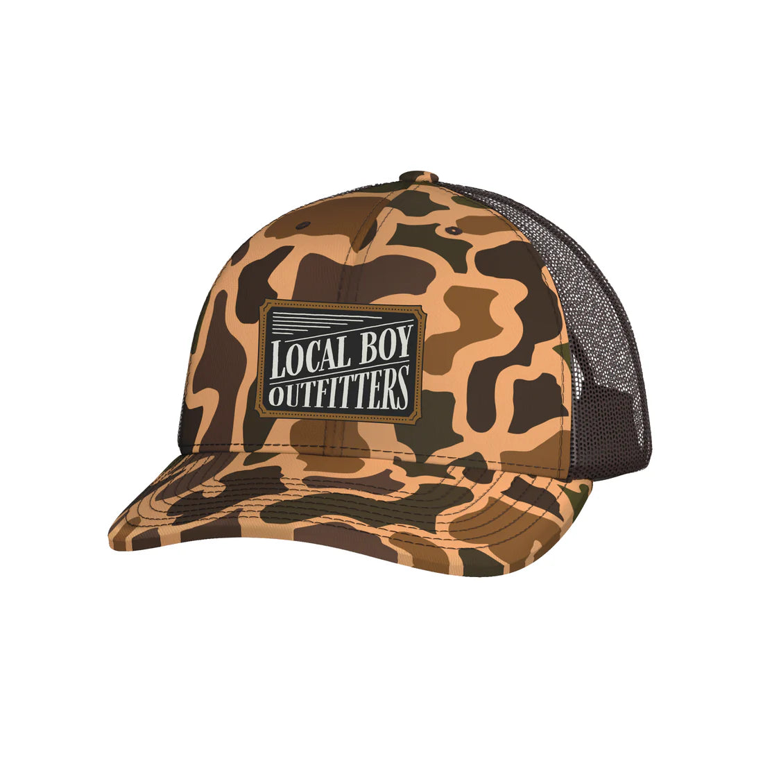 Camouflage baseball cap with 'Local Boy Outfitters' logo on a white background