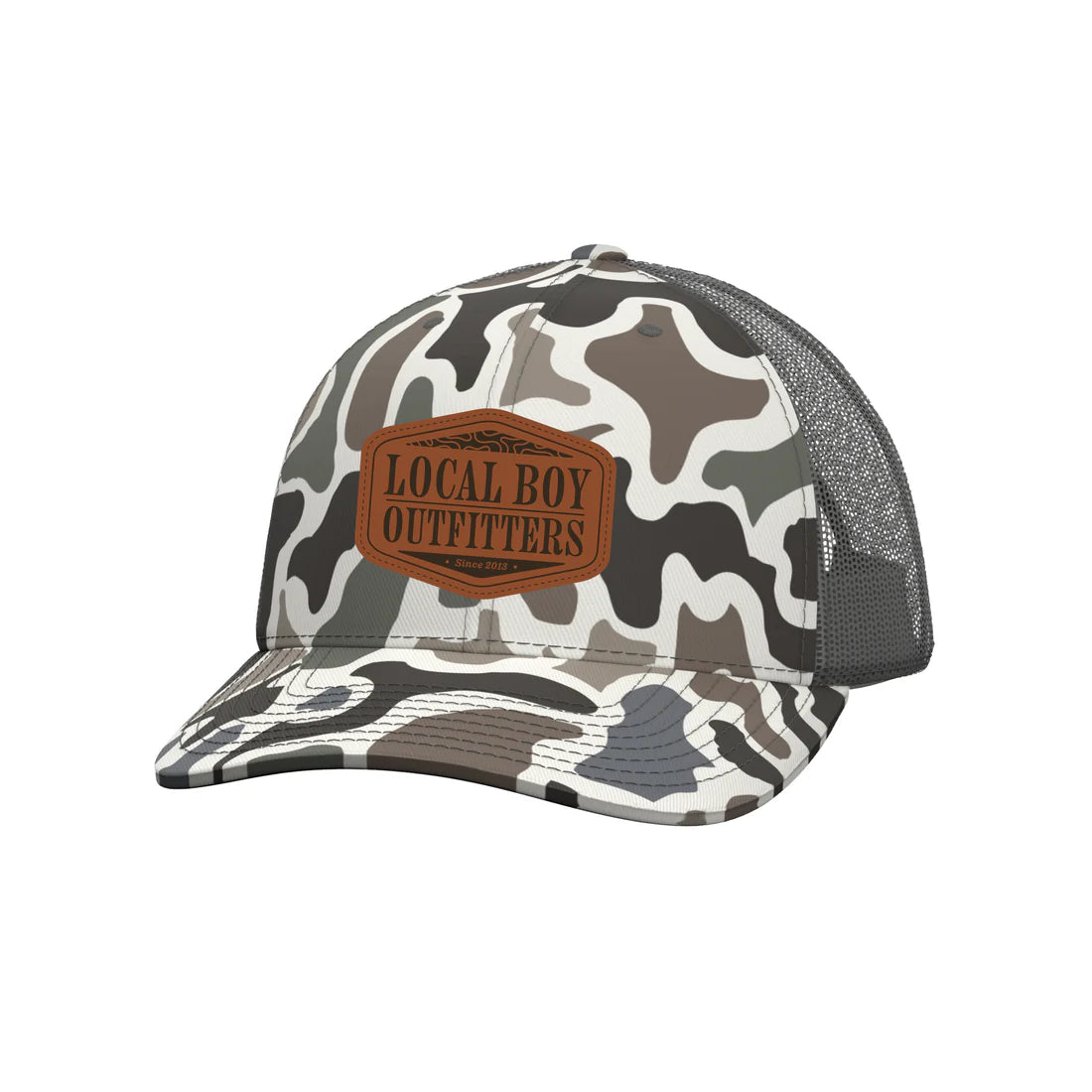 Camouflage trucker hat with 'Local Boy Outfitters' logo on a white background