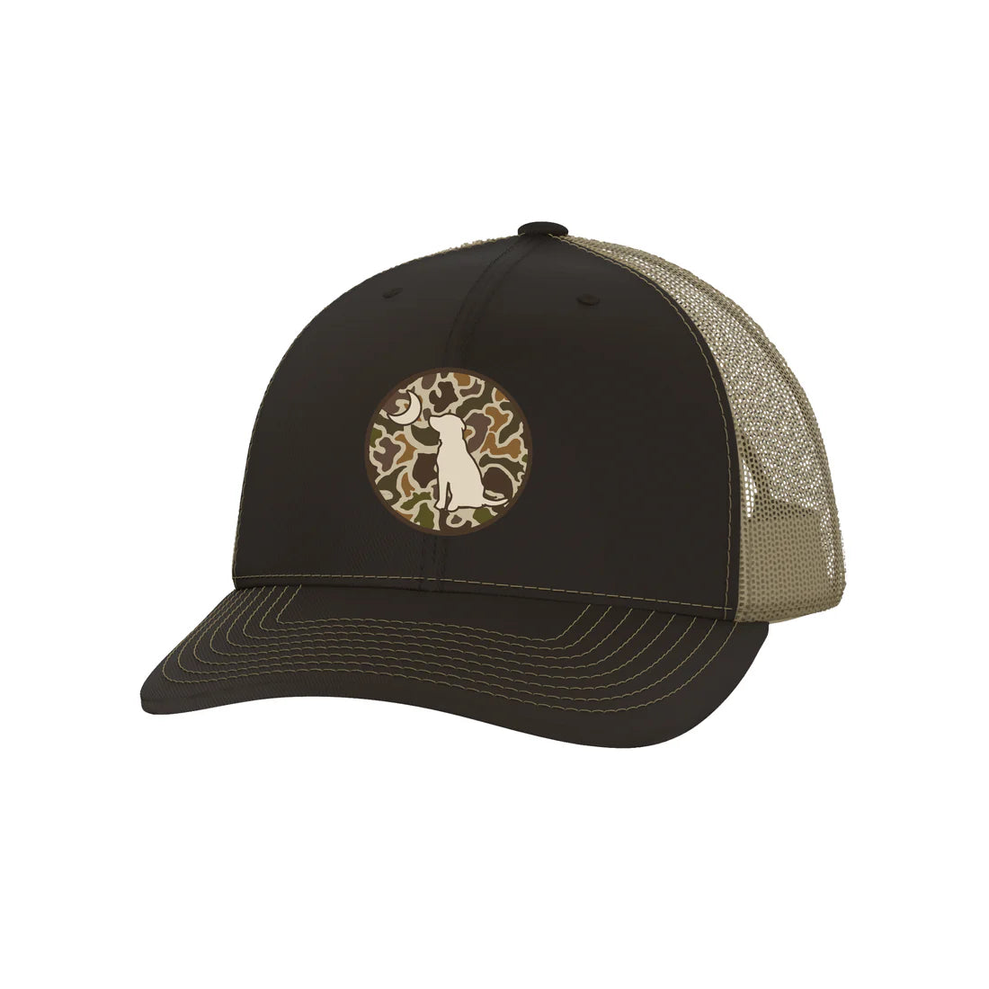 Black and beige cap with a logo on a white background