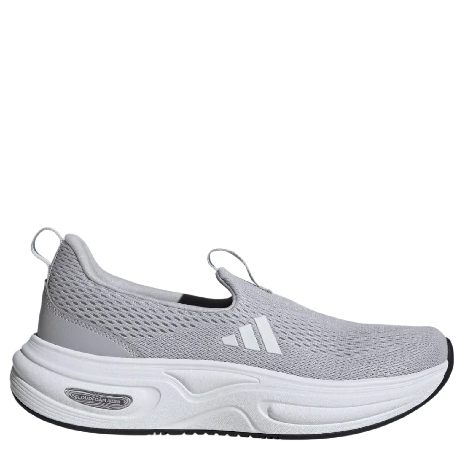 Gray slip-on sneaker with white sole on a light gray background