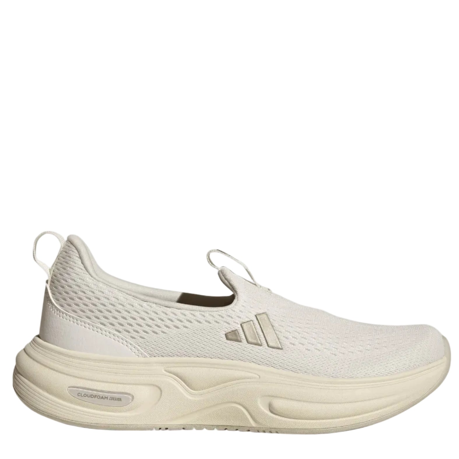 White sneaker with brand logo on a light gray background