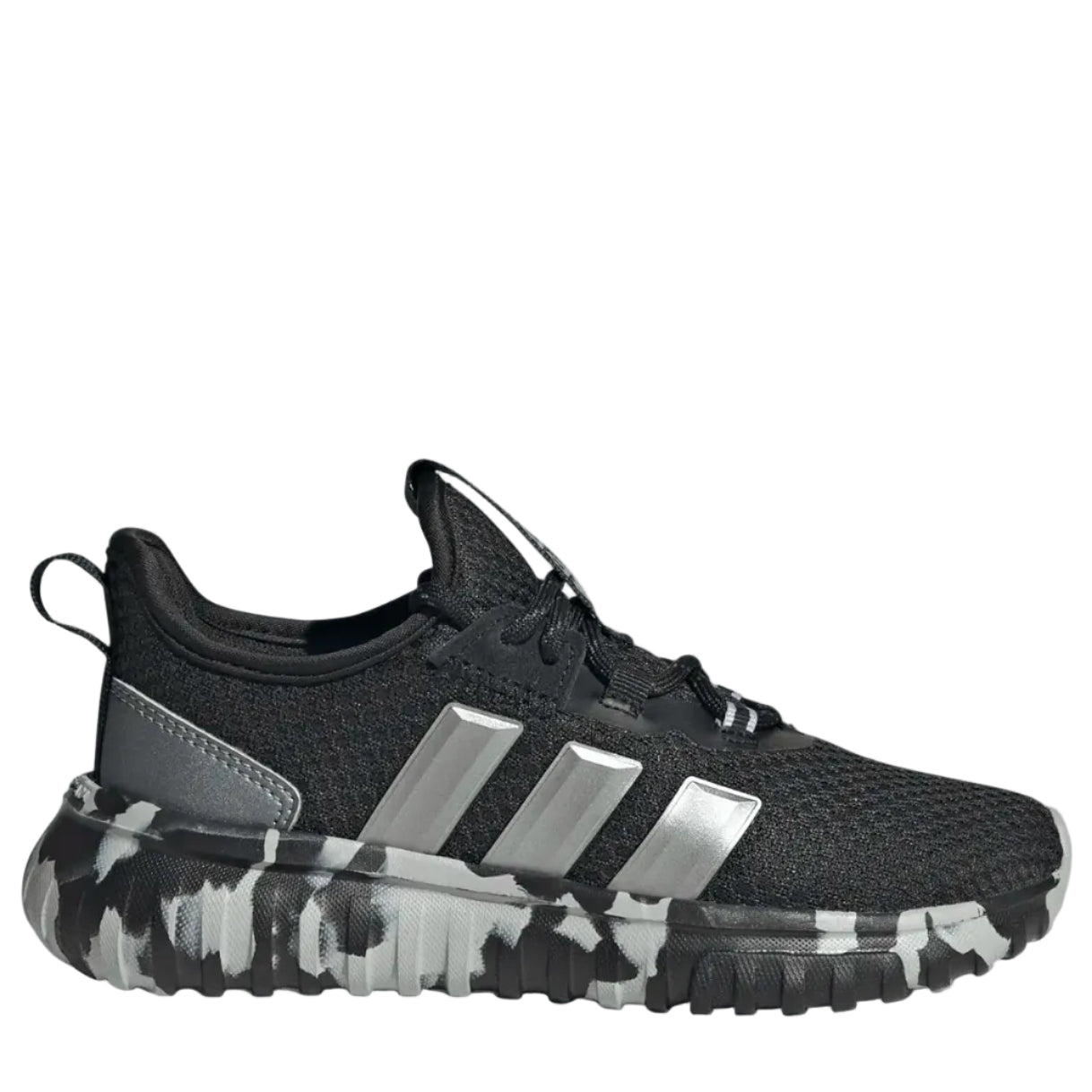 Black athletic shoe with camouflage sole on a light gray background
