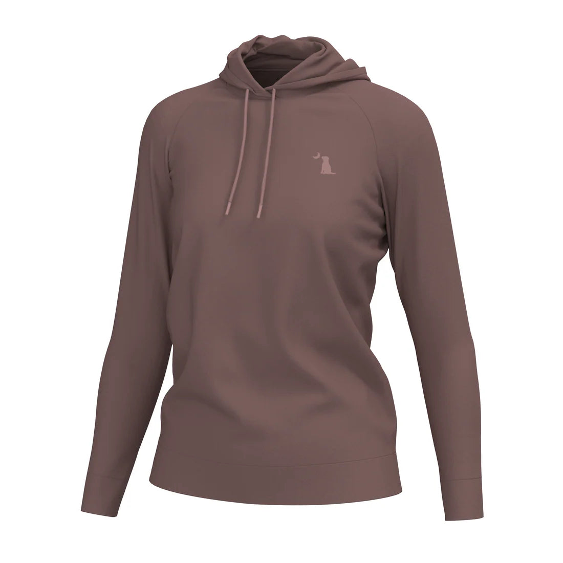Brown hoodie with a small logo on a white background