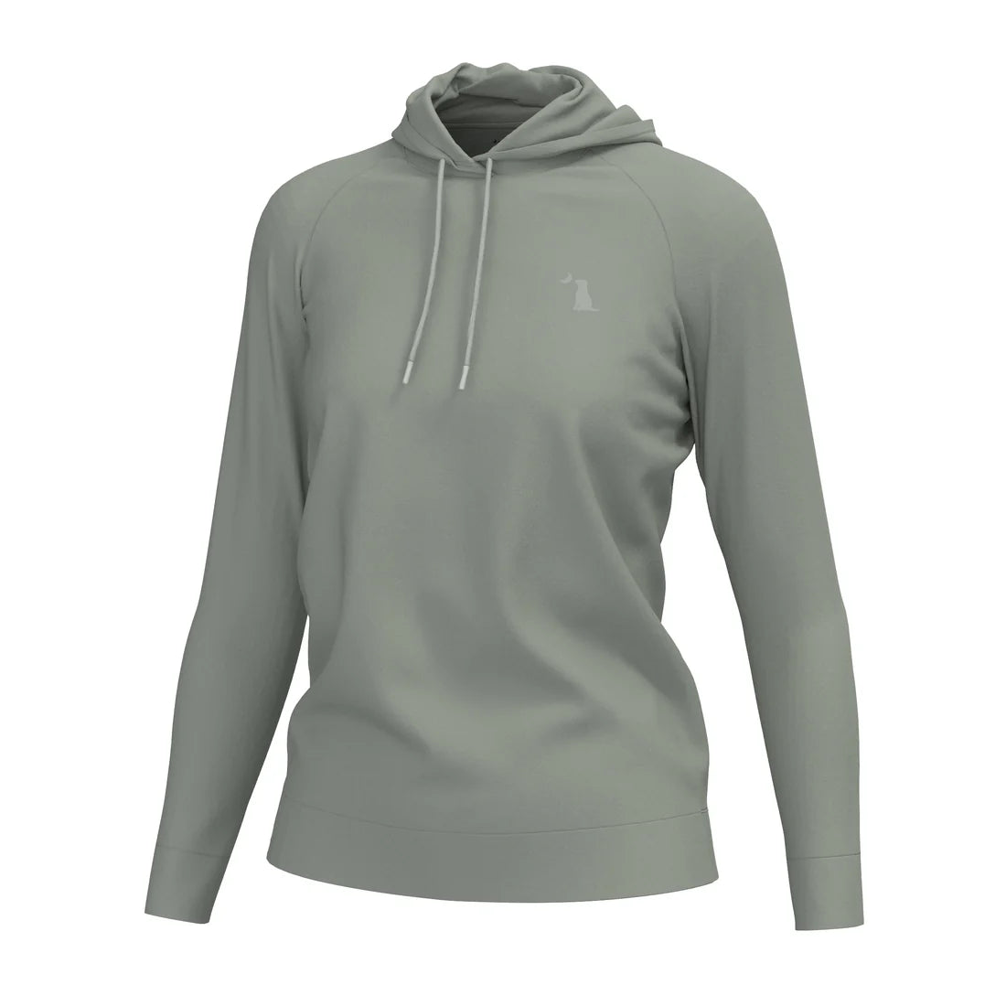 Gray hoodie with a small logo on a white background