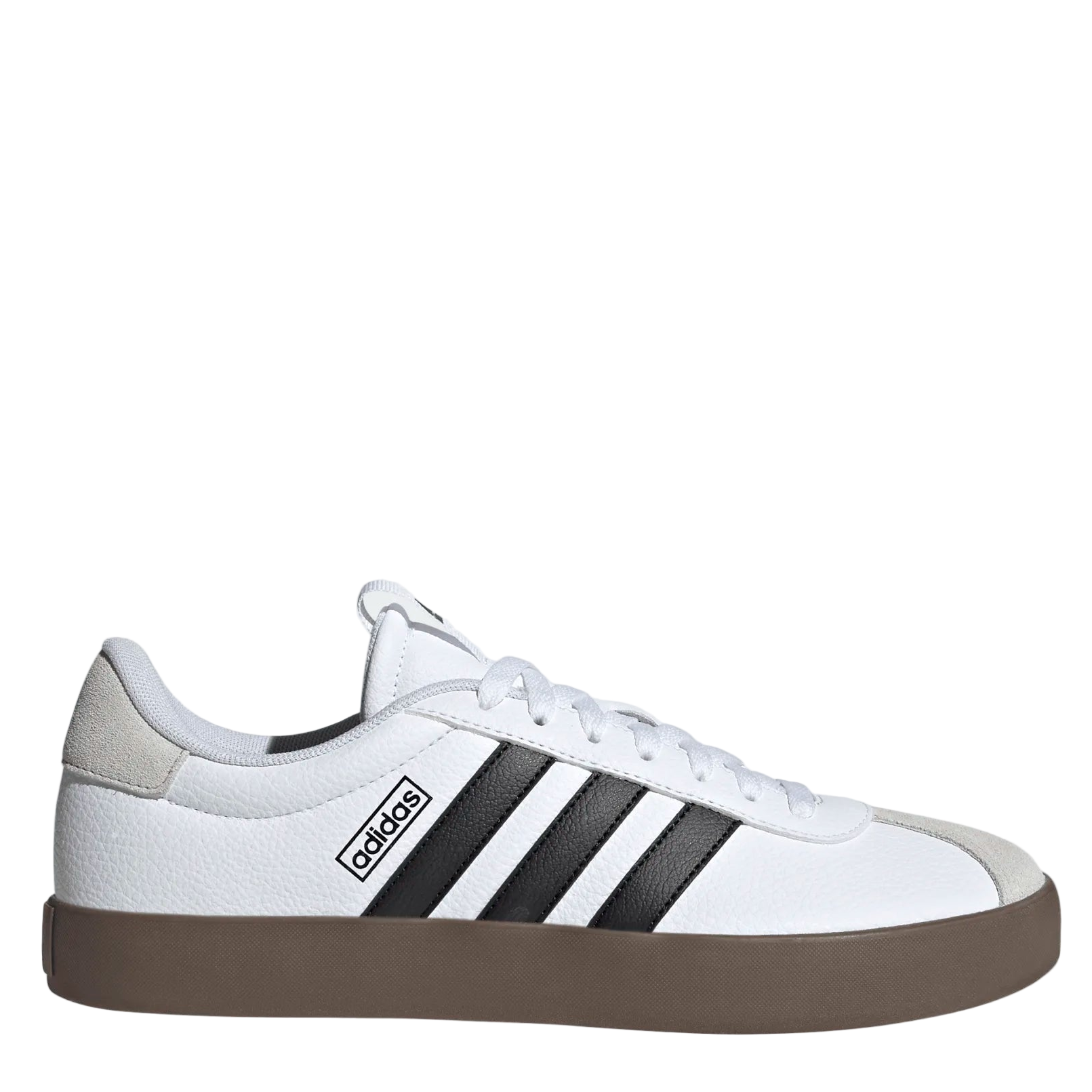 White Adidas sneaker with black stripes on a light gray background