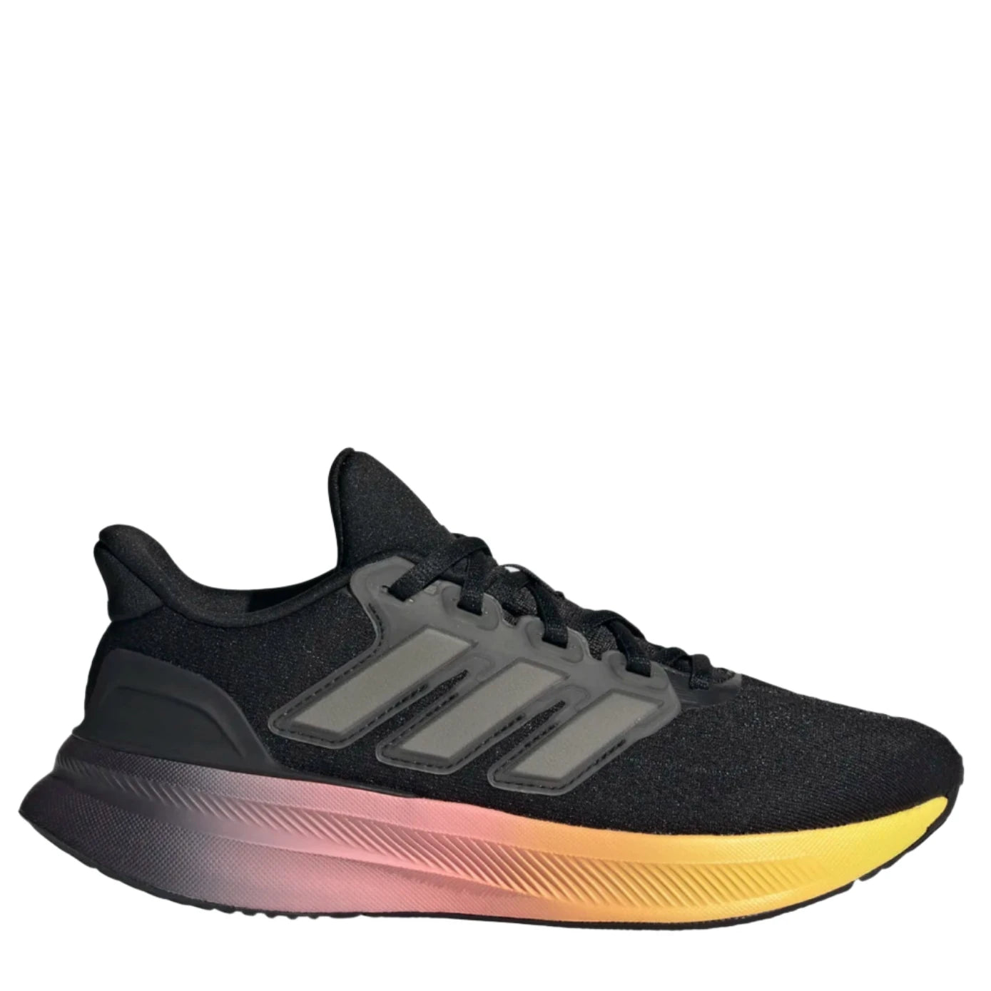 A pair of black adidas sneakers for kids with a multicolored sole, featuring the brand's stripes in gray.
