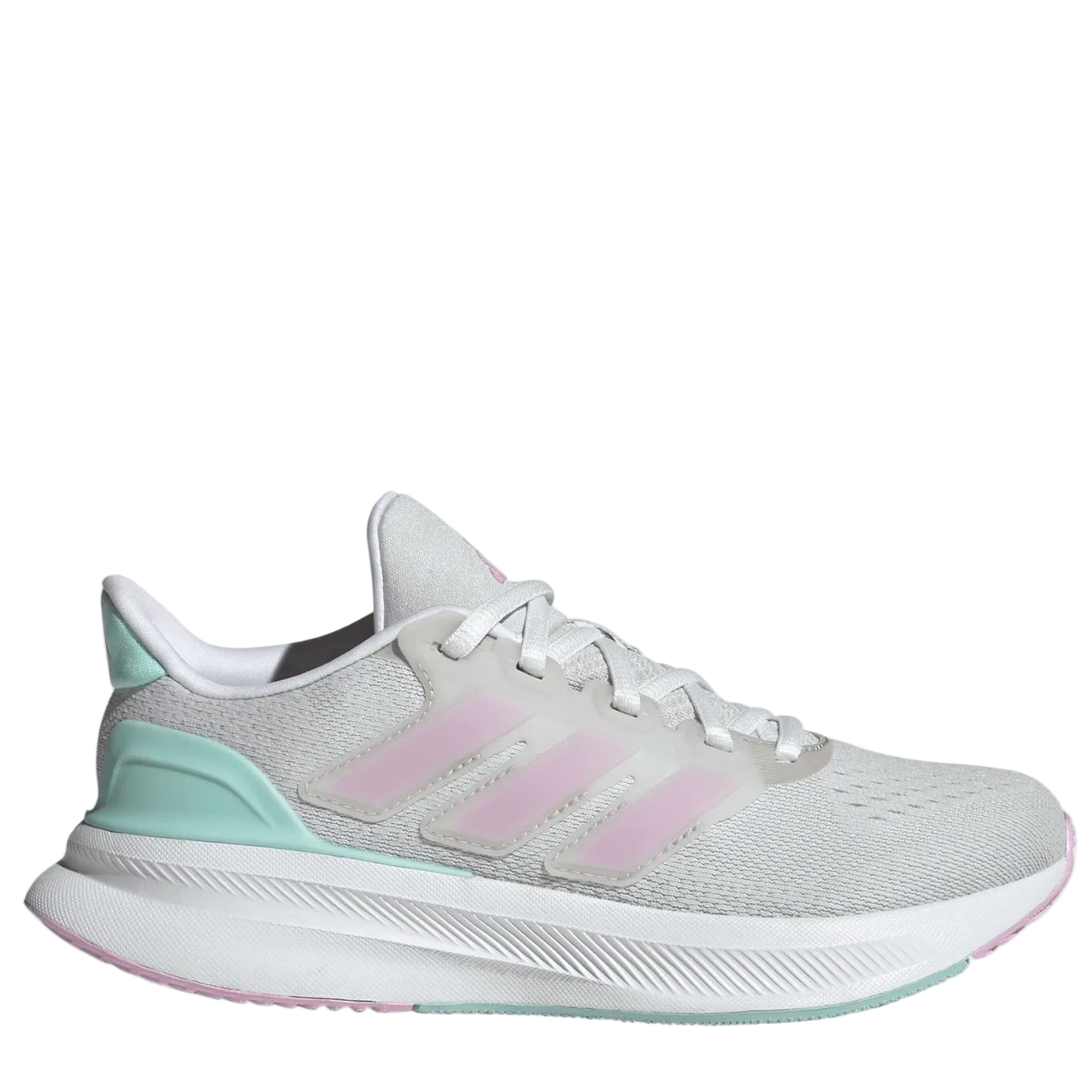 Light gray running shoe with pink stripes on a white background