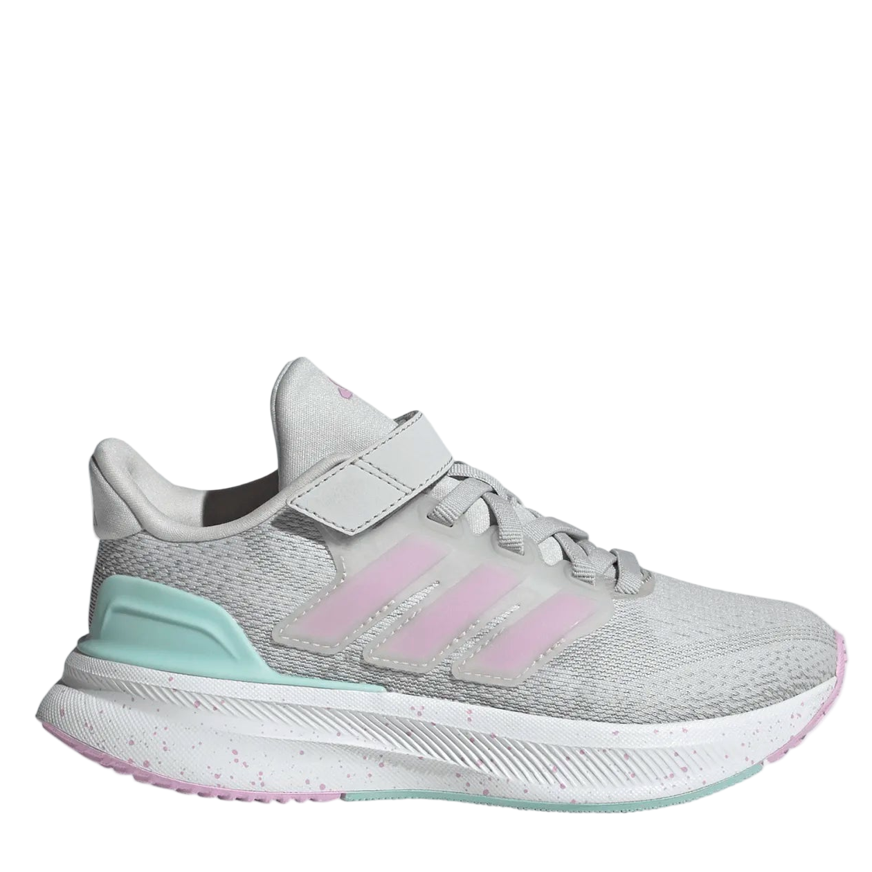 Gray Adidas sneaker with pink and green accents on a white background