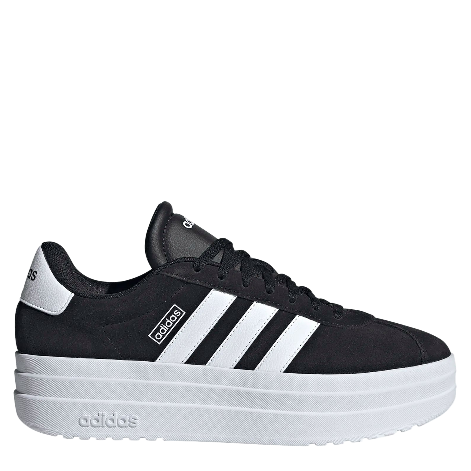 Black Adidas sneaker with white stripes on a white background